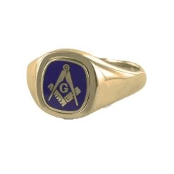 Blue Reversible Cushion Head Solid Gold Square And Compass With G Masonic Ring