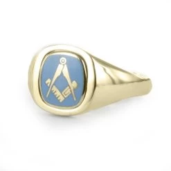 Light Blue Reversible Cushion Head Solid Gold Square And Compass Masonic Ring