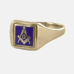 Blue Reversible Square Head Solid Gold Square And Compass With G Masonic Ring