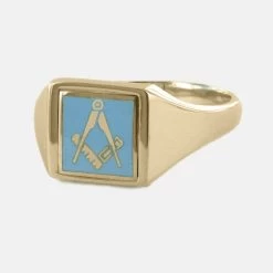 Light Blue Reversible Square Head Solid Gold Square And Compass Masonic Ring