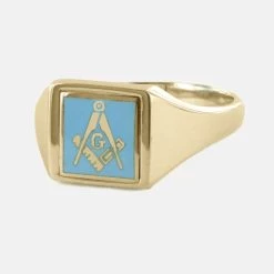 Light Blue Reversible Square Head Solid Gold Square And Compass With G Masonic Ring