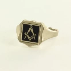 Black Reversible Shield Head Solid Gold Square And Compass Masonic Ring