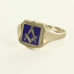 Blue Reversible Shield Head Solid Gold Square And Compass Masonic Ring