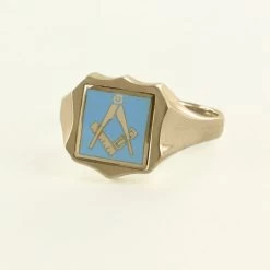 Light Blue Reversible Shield Head Solid Gold Square And Compass Masonic Ring