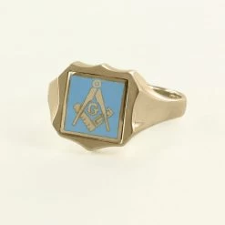 Light Blue Reversible Shield Head Solid Gold Square And Compass With G Masonic Ring