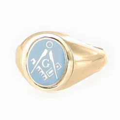 Light Blue Reversible 9ct Gold Square And Compass With G Masonic Ring