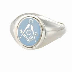 Light Blue Reversible Solid Silver Square And Compass With G Masonic Ring