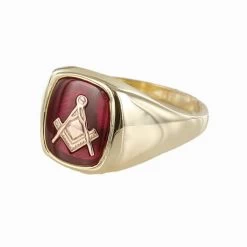 9ct Gold Synthetic Ruby Square And Compass Masonic Ring