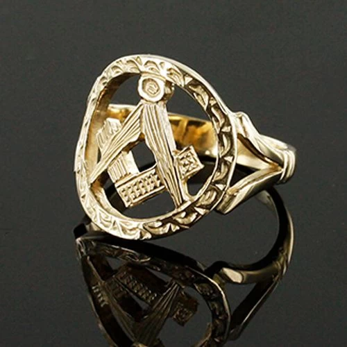 Large Gold Pierced Design Square And Compass Masonic Ring 4 Large Gold Pierced Design Square And Compass Masonic Ring - Image 2