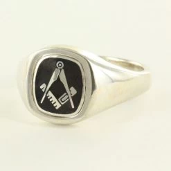 Black Reversible Cushion Head Solid Silver Square And Compass Masonic Ring