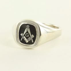 Black Reversible Cushion Head Solid Silver Square And Compass With G Masonic Ring