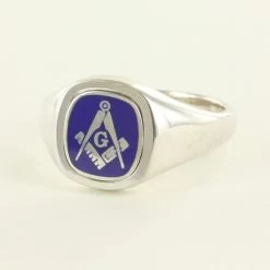 Blue Reversible Cushion Head Solid Silver Square And Compass With G Masonic Ring