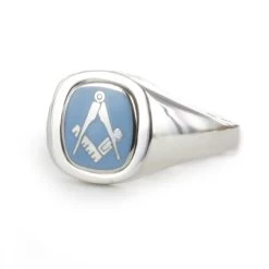 Light Blue Reversible Cushion Head Solid Silver Square And Compass Masonic Ring