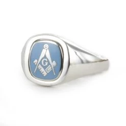 Light Blue Reversible Cushion Head Solid Silver Square And Compass With G Masonic Ring