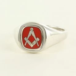 Red Reversible Cushion Head Solid Silver Square And Compass Masonic Ring