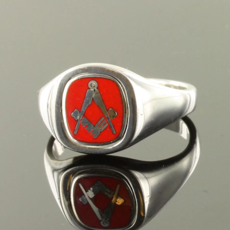 Red Reversible Cushion Head Solid Silver Square And Compass Masonic Ring 4 Red Reversible Cushion Head Solid Silver Square And Compass Masonic Ring - Image 2