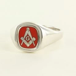 Red Reversible Cushion Head Solid Silver Square And Compass With G Masonic Ring