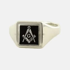 Black Reversible Square Head Solid Silver Square And Compass With G Masonic Ring
