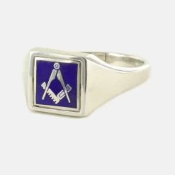 Blue Reversible Square Head Solid Silver Square And Compass Masonic Ring