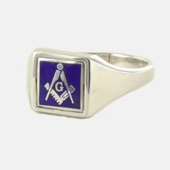 Blue Reversible Square Head Solid Silver Square And Compass With G Masonic Ring