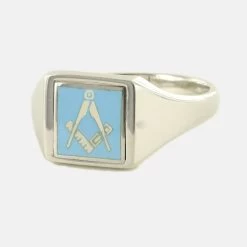 Light Blue Reversible Square Head Solid Silver Square And Compass Masonic Ring