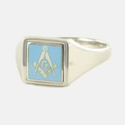 Light Blue Reversible Square Head Solid Silver Square And Compass With G Masonic Ring