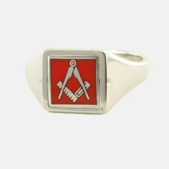 Red Reversible Square Head Solid Silver Square And Compass Masonic Ring