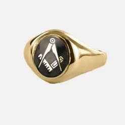 Gold Square And Compass Oval Head Masonic Ring (Black) - Fixed Head