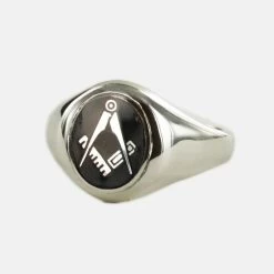 Silver Oval Head With Black Enamel Square And Compass Masonic Ring- Fixed Head