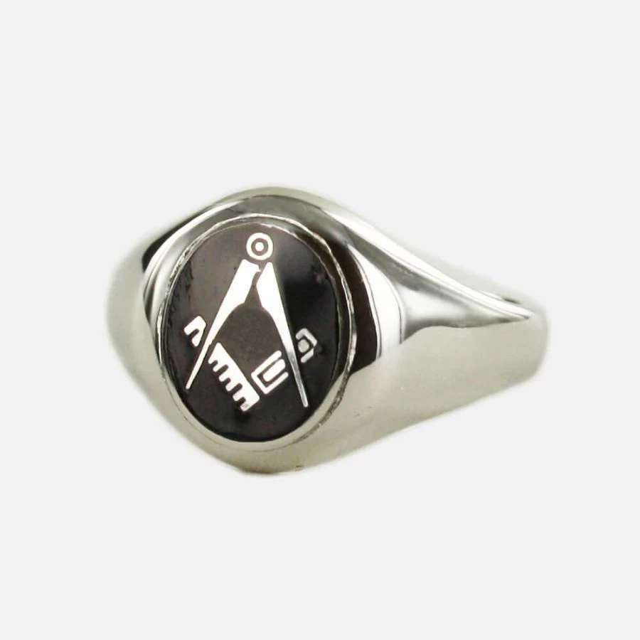 Silver Oval Head With Black Enamel Square And Compass Masonic Ring- Fixed Head 3 Silver Oval Head With Black Enamel Square And Compass Masonic Ring- Fixed Head