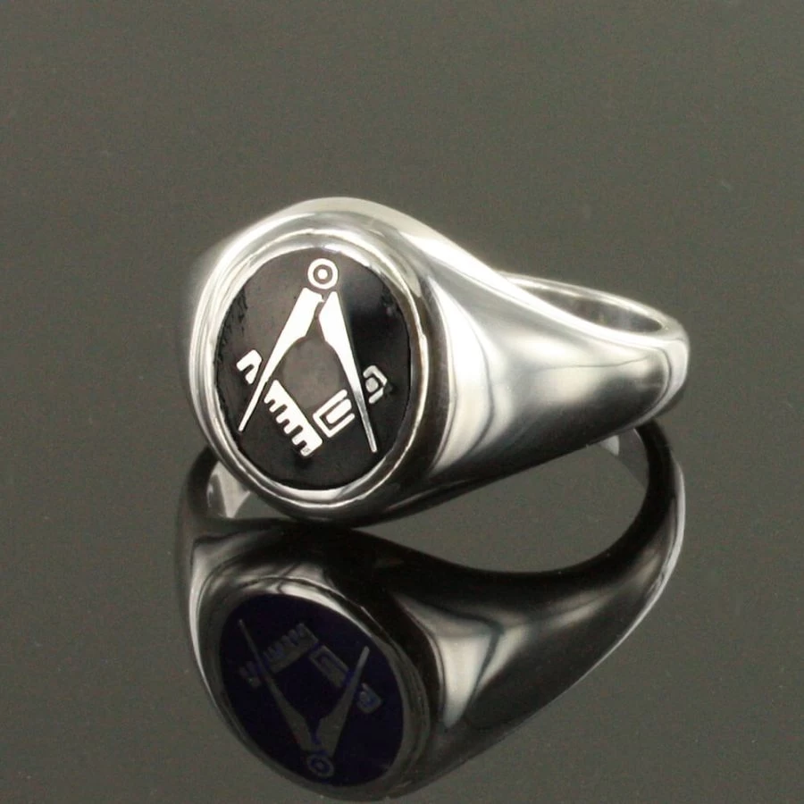 Silver Oval Head With Black Enamel Square And Compass Masonic Ring- Fixed Head 4 Silver Oval Head With Black Enamel Square And Compass Masonic Ring- Fixed Head - Image 2