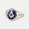 Silver Oval Head With Blue Enamel Square And Compass Masonic Ring- Fixed Head -Masonic Collection 1371sc blu01s