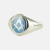 Silver Oval Head With Light Blue Enamel Square And Compass Masonic Ring- Fixed Head -Masonic Collection 1371sc lb01s