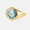 Gold Square And Compass Oval Head Masonic Ring (Light Blue) - Fixed Head -Masonic Collection 1371sc lb g