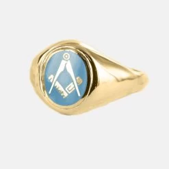 Gold Square And Compass Oval Head Masonic Ring (Light Blue) - Fixed Head