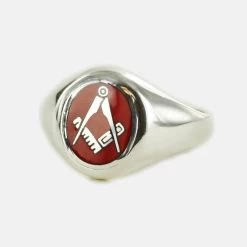 Silver Oval Head With Red Enamel Square And Compass Masonic Ring- Fixed Head