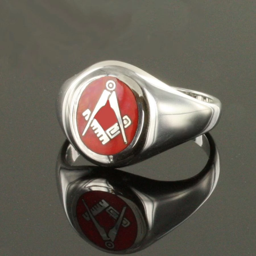 Silver Oval Head With Red Enamel Square And Compass Masonic Ring- Fixed Head 4 Silver Oval Head With Red Enamel Square And Compass Masonic Ring- Fixed Head - Image 2