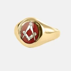 Gold Square And Compass Oval Head Masonic Ring (Red) - Fixed Head
