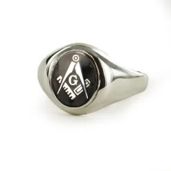 Silver Square And Compass With G Oval Head Masonic Ring (Black)- Fixed Head
