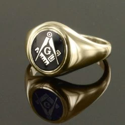 Gold Square And Compass With G Oval Head Masonic Ring (Black) - Fixed Head -Masonic Collection 1371scg blk02g