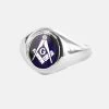 Silver Square And Compass With G Oval Head Masonic Ring (Blue)- Fixed Head -Masonic Collection 1371scg blu01s