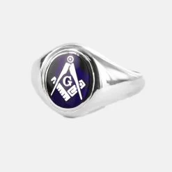 Silver Square And Compass With G Oval Head Masonic Ring (Blue)- Fixed Head