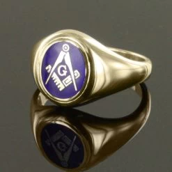 Gold Square And Compass With G Oval Head Masonic Ring (Blue) - Fixed Head -Masonic Collection 1371scg blu02g