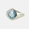 Silver Square And Compass With G Oval Head Masonic Ring (Light Blue)- Fixed Head -Masonic Collection 1371scg lb01s