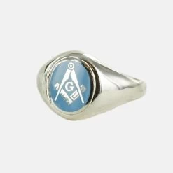 Silver Square And Compass With G Oval Head Masonic Ring (Light Blue)- Fixed Head