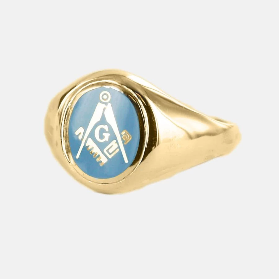 Gold Square And Compass With G Oval Head Masonic Ring (Light Blue) - Fixed Head 3 Gold Square And Compass With G Oval Head Masonic Ring (Light Blue) - Fixed Head