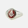 Silver Square And Compass With G Oval Head Masonic Ring (Red)- Fixed Head -Masonic Collection 1371scg red01s