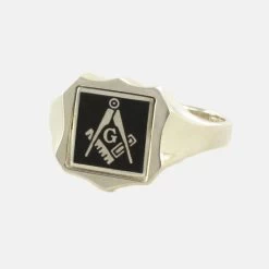 Black Reversible Shield Head Solid Silver Square And Compass With G Masonic Ring