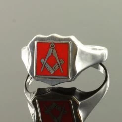 Red Reversible Shield Head Solid Silver Square And Compass Masonic Ring -Masonic Collection 1385r 02