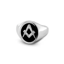 Silver Oval Head Craft Square & Compass Signet Ring
